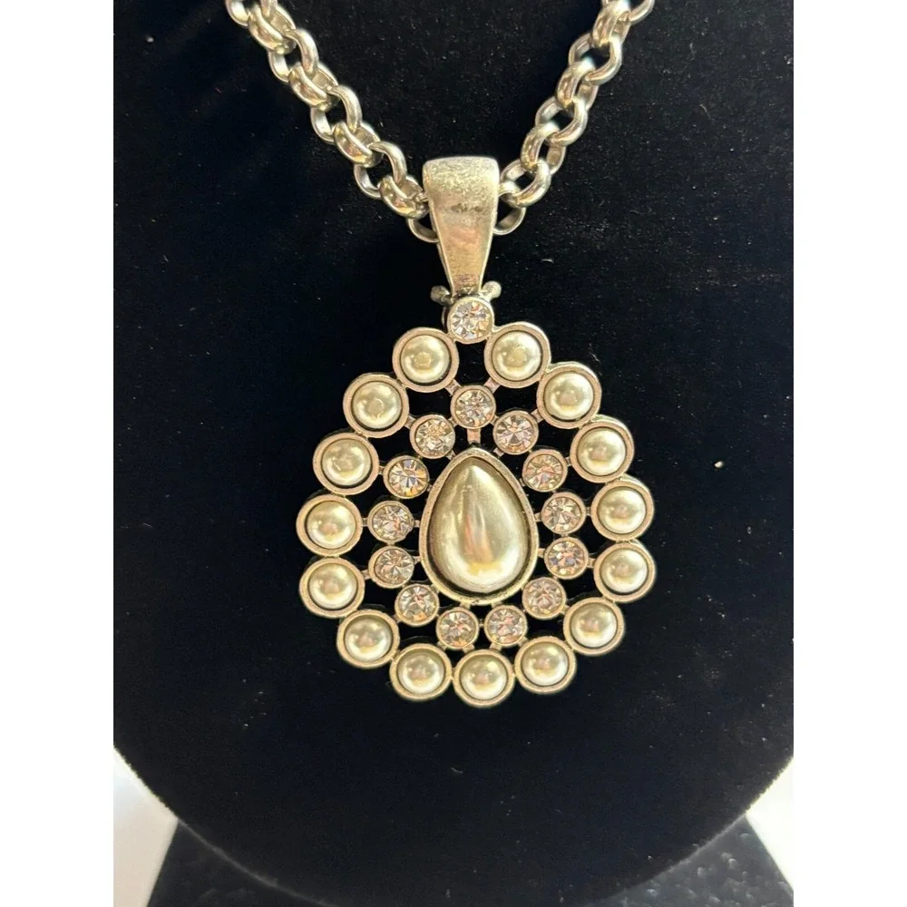 Pendant Necklace Silver Tone Faux Pearl Chunky Maximalist Boho Design‎